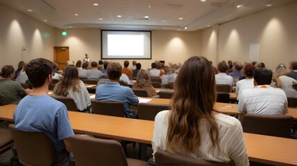 Obraz premium Diverse group of attendees participate in a corporate training seminar attentively viewing a projected presentation screen in a modern conference