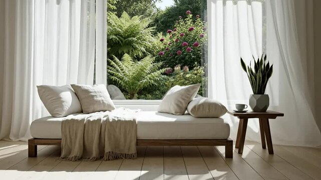 Serene light-filled interior living room with a daybed, curtains, and view of a lush garden outdoors