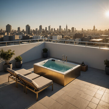 Luxury rooftop terrace with plunge pool, designer furniture, and city ...