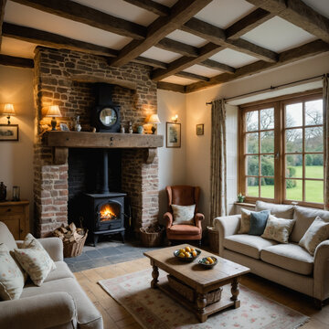 Cosy English country cottage sitting room with inglenook fireplace and...