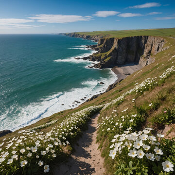 Dramatic Welsh coastal cliff path with sea campion flowers and crashin...