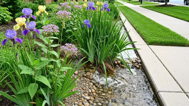 Tranquil water feature in a colorful garden with irises and bubbling water, slow motion