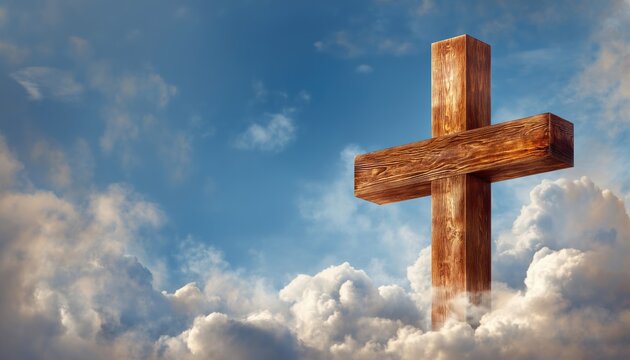 Religious Symbol Of A Wooden Cross Against A Blue Sky With Clouds: Signifying God, Christ, And Faith In Christianity.
