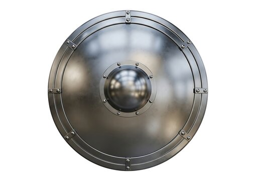 A large metal shield with a silver finish and a central circular boss