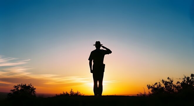 Silhouette of a person in a hat saluting against a vibrant sunset with warm orange and golden hues, creating a dramatic and inspiring scene of respect and remembrance.