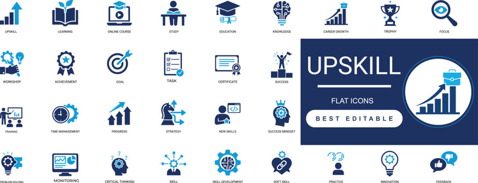 upskill solid icon set. professional, training, learning, career, growth, development, education. editable vector illustration .