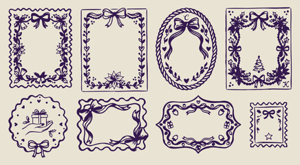 Fototapeta premium ornate bow ribbon frames, hand drawn decorative mirrors, creative purple border illustrations, vintage romantic frame elements, sketchy boutique label graphics, elegant gift wrap symbols, artistic sta