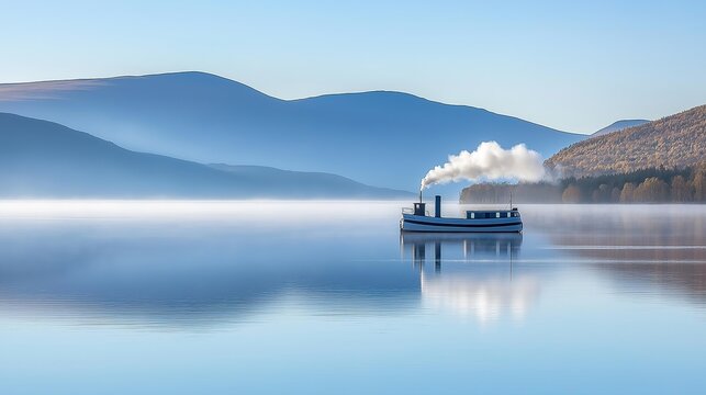 reamer. A small steamboat on a calm lake with smoke from its chimney and misty mountains in the distance. lifestyle magazines.