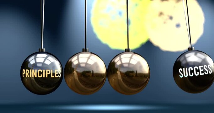 Principles leads to success. Cause and effect relation between principles and success. A Newton cradle metaphor in which principles gives power to set success in motion. Can be looped. 