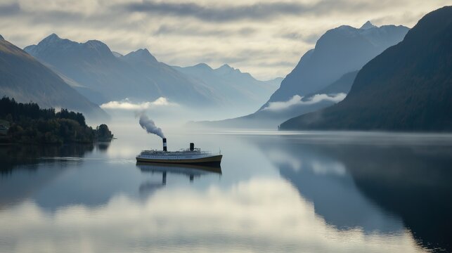 reamer. A small steamboat on a calm lake with smoke from its chimney and misty mountains in the distance. lifestyle magazines.