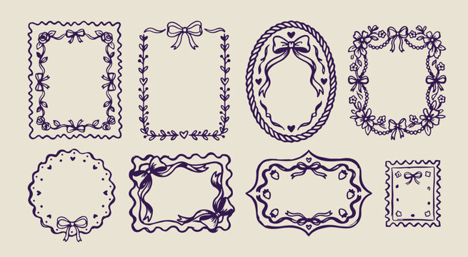 elegant ribbon bow frames, hand drawn decorative borders, creative romantic frame illustration, decorative sketchy label graphics, organic wedding stationery symbols, modern boutique design elements, 