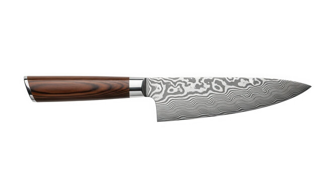 Damascus chef knife with wooden handle isolated on transparent background