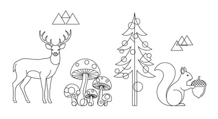 Line art illustration of a deer, mushrooms, pine tree, and squirrel holding an acorn in a forest scene. © ahmad
