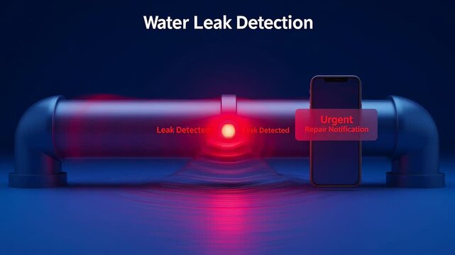 Smart water leak detection sensor on blue pipe sending urgent alert notification to smartphone for rapid repair