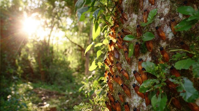 A large swarm of brown cicadas clinging to a mossy tree trunk in a sun-dappled forest setting.