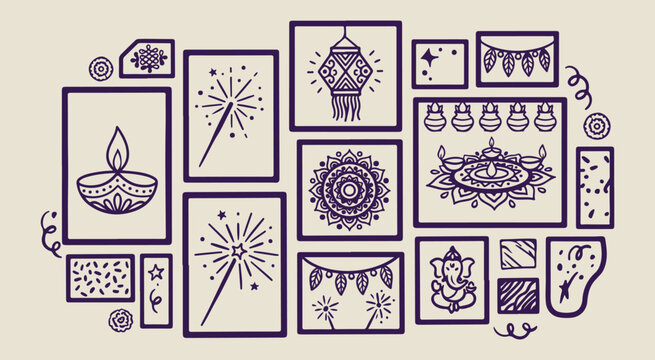 celebration fireworks party decor, hand drawn festive frames, creative event holiday illustration, decorative light ornaments graphics, sketchy diwali celebration symbols, organic anniversary party li