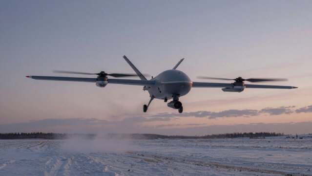 Unmanned aerial vehicle uav taking runway grey color has propellers each cylindrical shape mounted fuselage sp