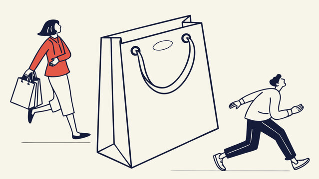 People rushing towards a giant shopping bag, concept of consumerism and sales.