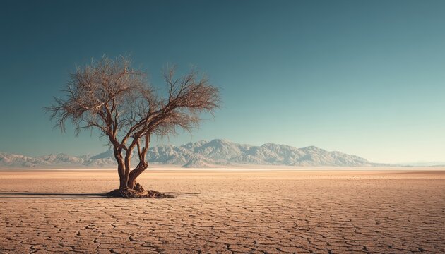Barren Desert Scene With Drought-Stressed Tree Symbolizing Urgency Of Preserving Environment And Addressing Climate Change. A Call To Action.
