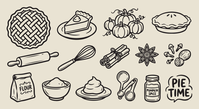 autumn baking pumpkin spices, hand drawn kitchen ingredients, creative fall food illustration, decorative whisk and cinnamon graphics, sketchy thanksgiving dessert elements, organic harvest cooking sy