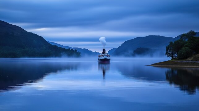 reamer. A small steamboat on a calm lake with smoke from its chimney and misty mountains in the distance. lifestyle magazines.
