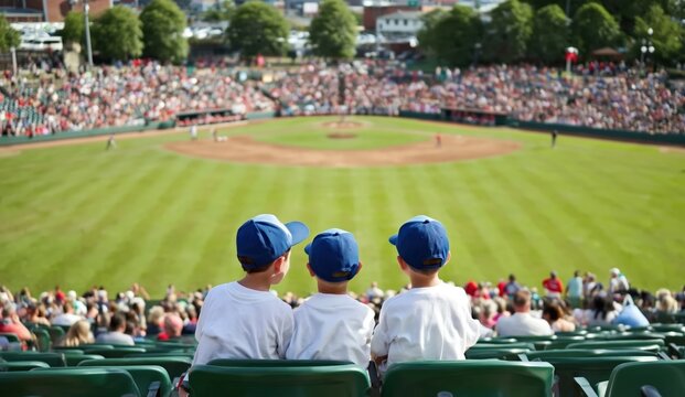 Three children wearing blue caps watch a baseball game in a crowded stadium on a sunny day.
