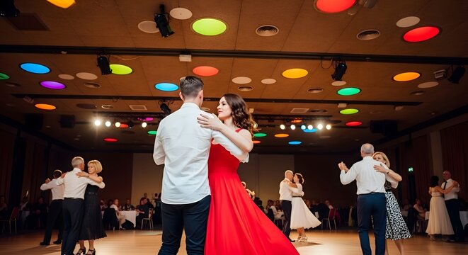 Elegant ballroom dance couple gracefully gliding across a polished dance floor, surrounded by other dancers under colorful, dynamic lighting in a spacious hall.