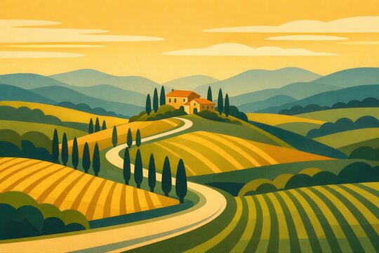 Goldene Toscana Landschaft als dekorative Vektor Illustration
Abstrakte H&uuml;gellandschaft mit Feldern, Zypressen und kleinem Haus in warmen Naturfarben