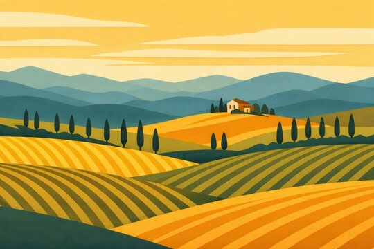 Abstrakte Toscana Landschaft als moderne Vektor Illustration
Stilvolle H&uuml;gellandschaft mit Feldern, Zypressen und Landhaus in harmonischen Gelb und Gr&uuml;nt&ouml;nen