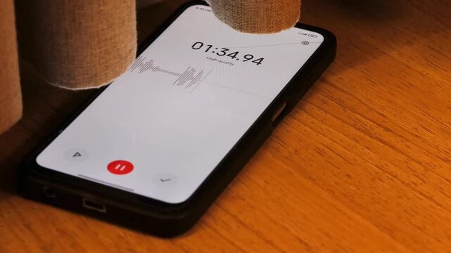Voice detection and recording app in mobile phone listening to conversation placed on the floor near window curtains. Secretly grabbing and wiretapping inside home or apartment during covert operation