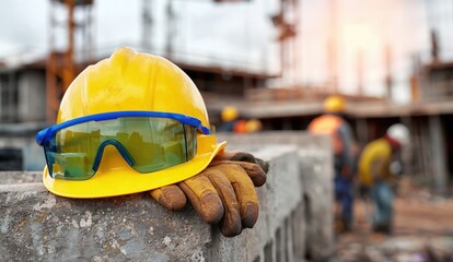 Yellow hard hat with safety glasses and gloves resting on concrete blocks at a construction site with workers blurred in the background.