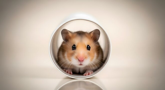 Adorable hamster peeking from inside a cardboard tube, showcasing a cute and playful moment with soft lighting, a neutral background, and a charming, inquisitive expression.