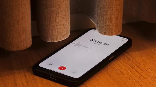 Voice detection and recording app in mobile phone listening to conversation placed on the floor near window curtains. Secretly grabbing and wiretapping inside home or apartment during covert operation