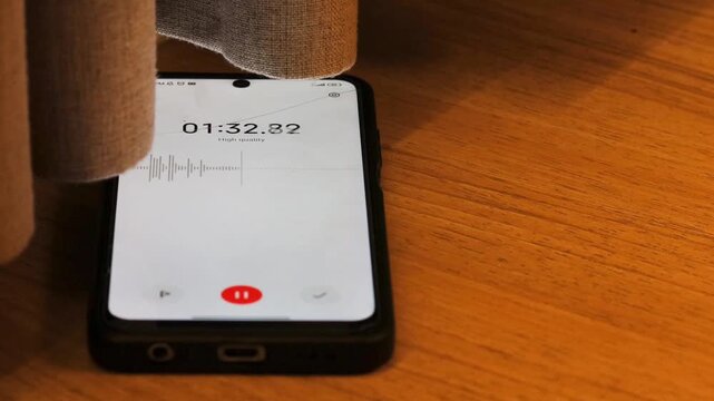 Voice detection and recording app in mobile phone listening to conversation placed on the floor near window curtains. Secretly grabbing and wiretapping inside home or apartment during covert operation