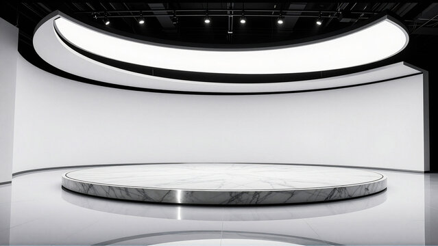 Modern empty stage with circular platform and curved backdrop