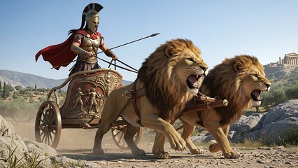 Naklejka premium Ancient warrior commanding a lion-drawn chariot in a dramatic scene.