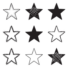 Obraz premium Hand-drawn doodle star icons set. Ink sketch stars with various textures, hatching, solid fills, and rough outlines. Isolated vector elements for design.
