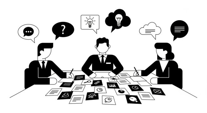 Three Business Professionals Collaborating Over Documents And Ideas.