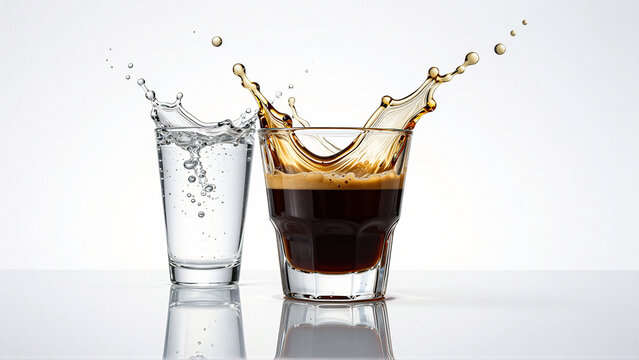 Splash of coffee and water in glasses