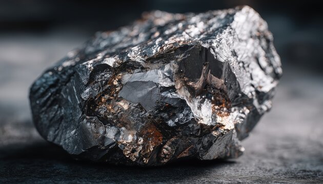 Stunning Macro Photography Of Raw Silver Ore With Metallic Grey Surface And Crystal Inclusions For Precious Metal Mining Investment Brand Or Geology Editorial, No People
