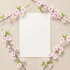 Fototapeta premium Blank white paper card mockup with cherry blossom branches on wooden background