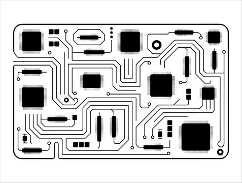 PCB silhouette with ICs, resistors, capacitors, and red conductive traces for electronics design.