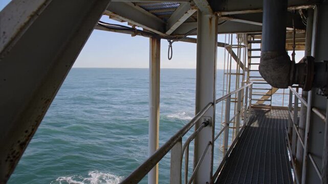 Weathered industrial platform features metal walkways over turquoise waves to represent maritime engineering and energy infrastructure.