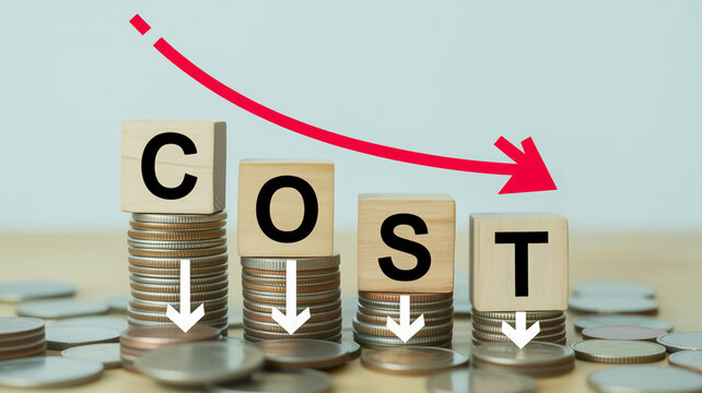 Financial cost reduction concept with wooden blocks and red arrow financial concept