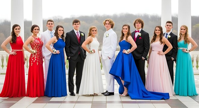 Elegant group of high school students dressed in formal attire, posing for a portrait with a blurred outdoor background, capturing a celebratory moment.