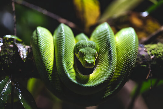 AI Generated Green Tree Python Coiled on Branch in Rainforest