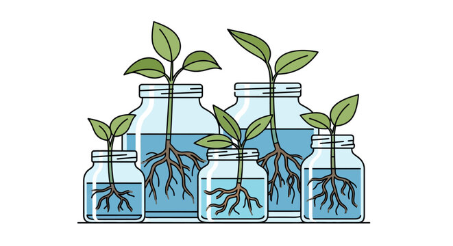 Sprouts Growing in Glass Bottles Water. Vector Illustrations. EPS Editable