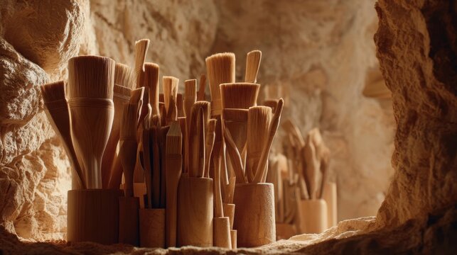 A collection of natural beechwood carving and art tools, neatly arranged for creative work