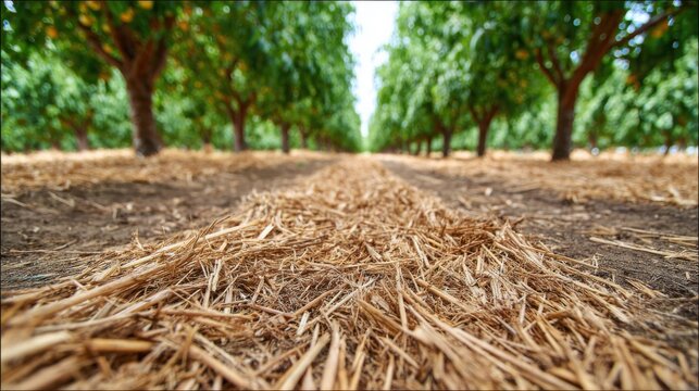 Rows of trees in an orchard covered with straw mulch on a farm, showcasing sustainable agricultural practices