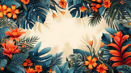 Obraz premium Flat vector tropical leaves and orange flowers frame with retro colors for summer web banner jungle party invitation and tropical background.